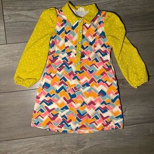 EUC Colorful Retro Chevron Dress with Yellow Polka Dot Sleeves/Collar